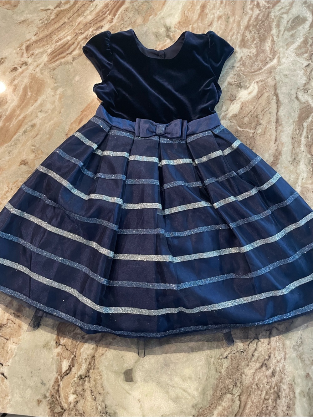 Girls Jona Michelle Party Dress Short Sleeve Tulle Glitter Navy Holiday Dress 5T